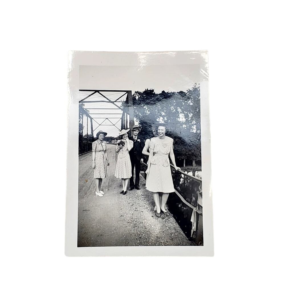 Vtg Friends Posing Together on Bridge Original Monochrome Photo Found Snapshot